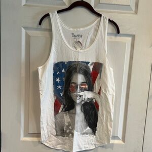 Bowery White Graphic Tank Top with American Flag Design